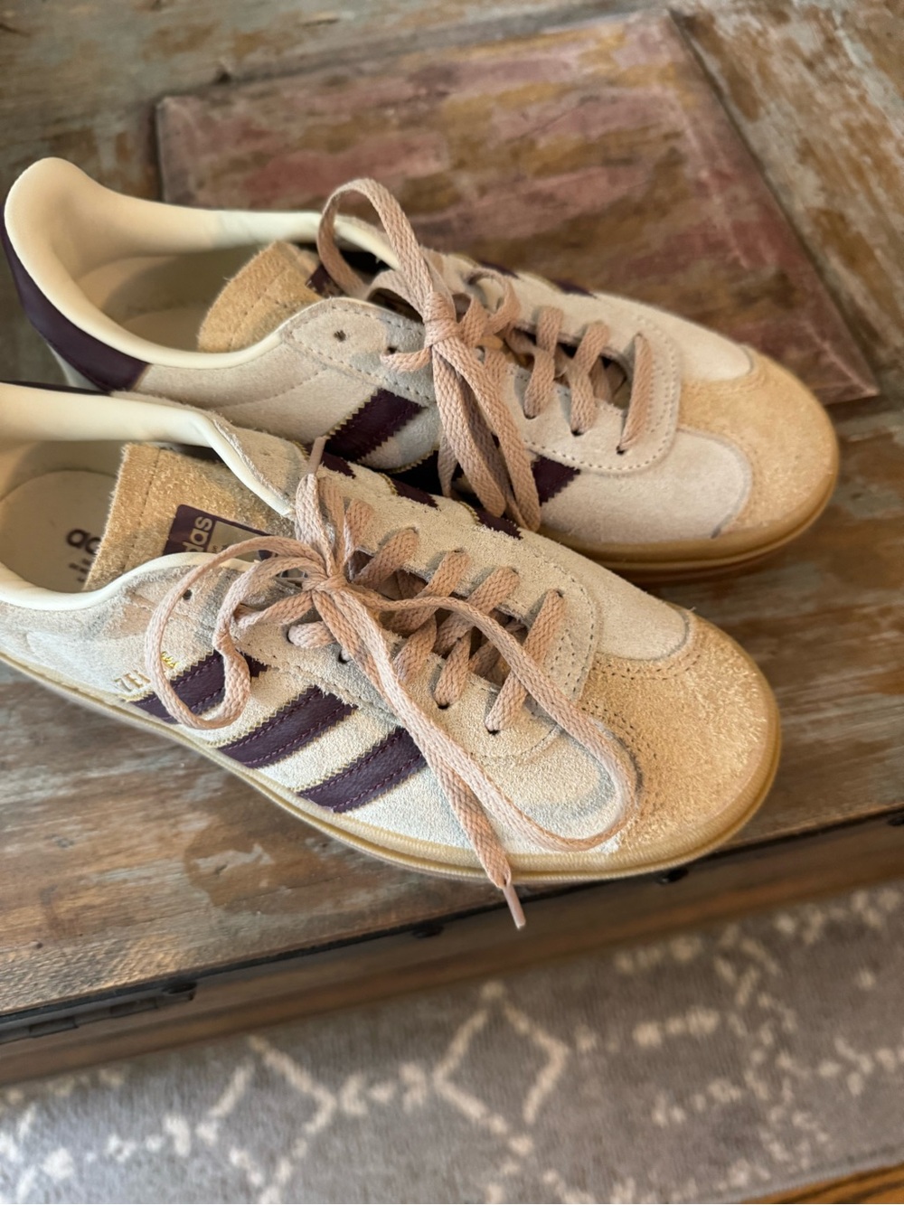 adidas Beige Suede Sneakers with Dark Purple Stripes